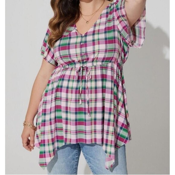 Torrid Tops - Torrid Top Women 2X Pink Plaid Babydoll Lattice Back Short Sleeves Stretch Waist